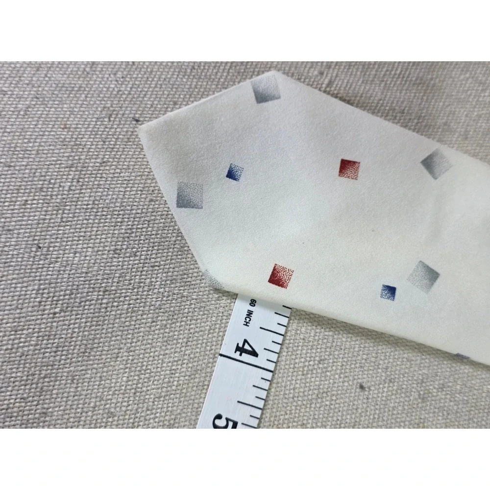 Selina de France Paris Mens Tie White Red Blue Grey Geometric Square Pattern